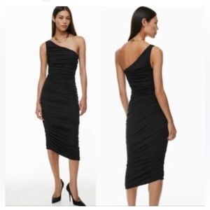 Aritzia Babaton Luxor Black One-Shoulder Ruched Midi Dress